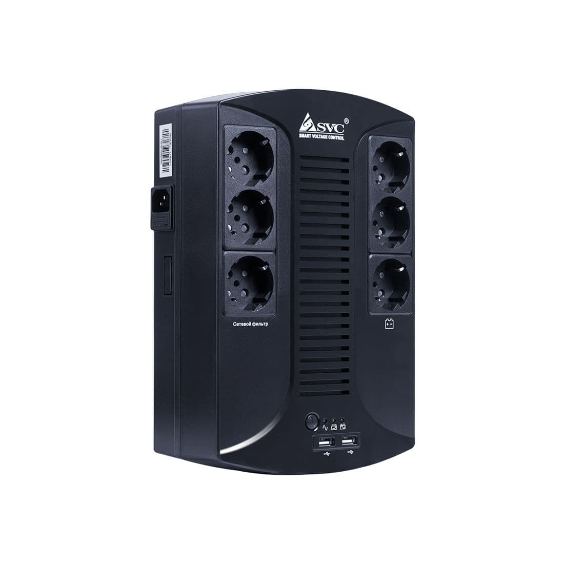 Источник бесперебойного питания, SVC, U-650-L, USB, Мощность 650ВА/390Вт, Диапазон работы AVR: 145-290В, Бат.: 12В/7 Ач х 1 шт.., 6 вых.: Shuko CEE7(3 с работой от батареи, 3 сетевой фильтр), USB 5В/2А*2 шт., Чёрный