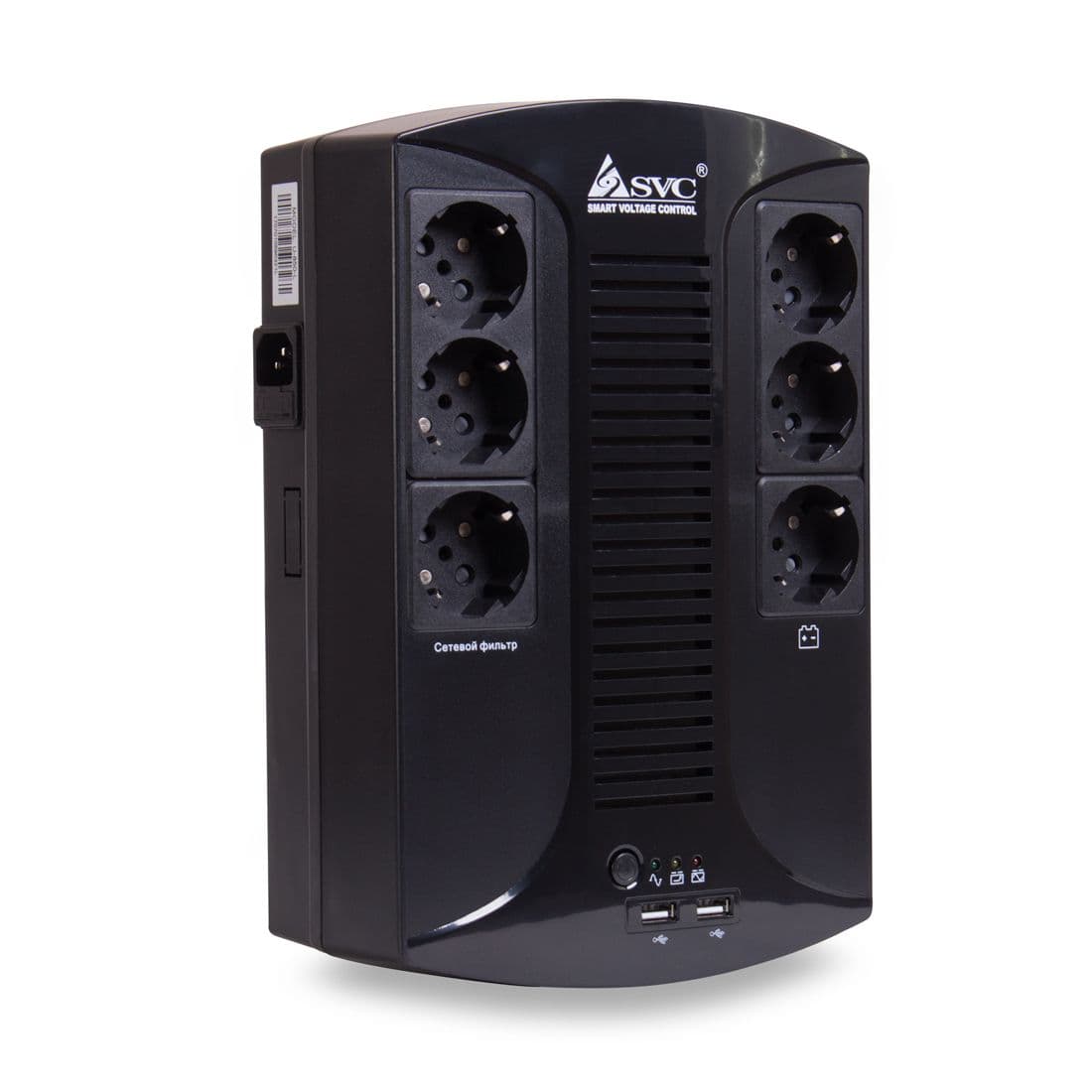 Источник бесперебойного питания, SVC, U-850-L, USB, Мощность 850ВА/510Вт, Диапазон работы AVR: 145-290В, Бат.: 12В/8Ач., 6 вых.: Shuko CEE7(3 с работой от батареи, 3 сетевой фильтр), USB 5В/2А*2 шт., Чёрный