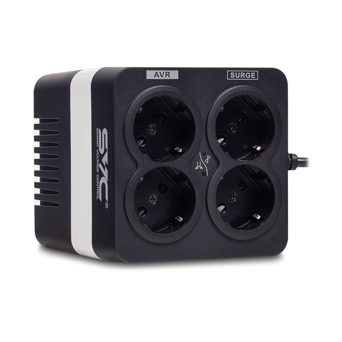 Стабилизатор (AVR), SVC, AVR-1008-U, Мощность 1000ВА/500Вт, Диапазон работы AVR: 176-273В, Тип выходных разъёмов: Schuko х 4 шт., LED-индикаторы, Чёрный