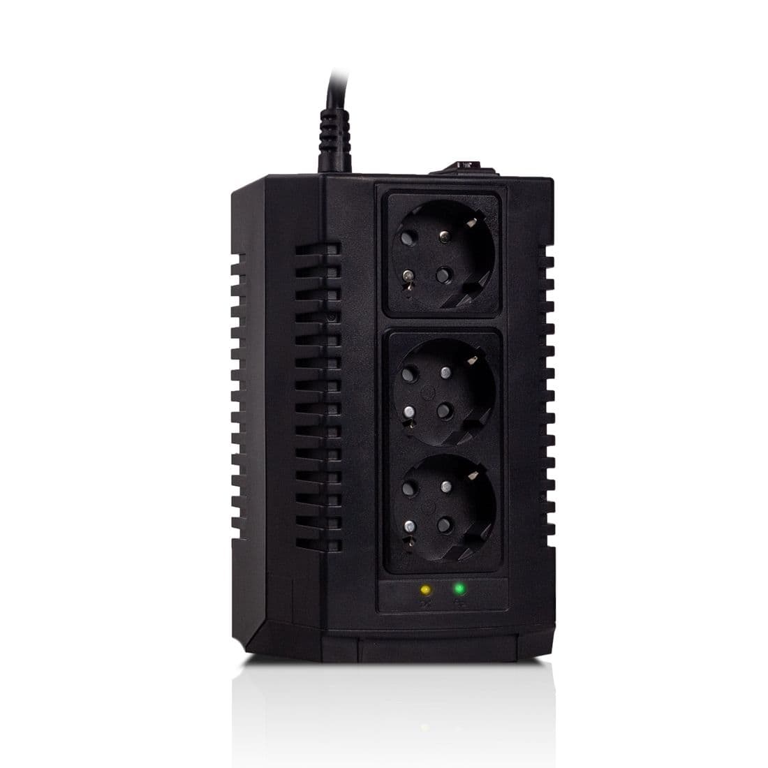 Стабилизатор (AVR), SVC, AVR-600-S, Мощность 600ВА/300Вт, LED-индикаторы, Диапазон работы AVR: 184-284В, Выходные разъемы: schuko x 3, Чёрный