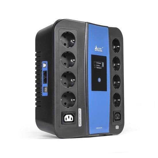 Источник бесперебойного питания, SVC, U-1000, Smart, USB, Мощность 1000ВА/600Вт, Диапазон работы AVR: 165-275В, Бат.: 12В/9 Ач., 8 вых.: Shuko CEE7(4 с работой от батареи,4 сетевой фильтр), 2 вых.: IEC C13, Защита тел. линии, USB 5В/2А*2 шт., Чёрно-синий